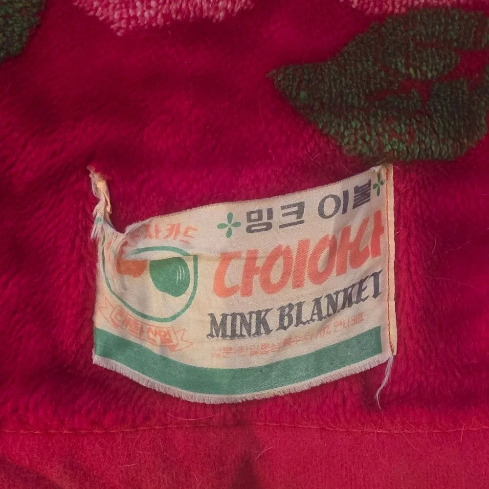 Vintage Choioka Korean Mink Blanket Reversible Deer Crane Floral Red Heavy Plush